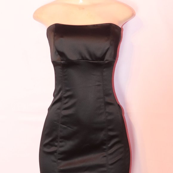 bebe BRAND MADE IN THE USA STRETCH SATIN STRAPLESS BLACK BODYCON DRESS LARGE - Picture 2 of 4